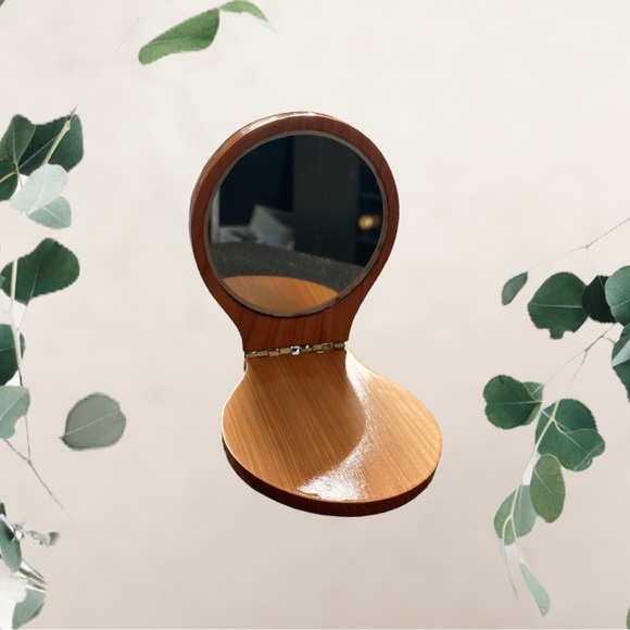 Compact Mirror Enameled Mother of Pearl Inlaid, Hinged Wood, Bird Spring Floral - Picture 5 of 5